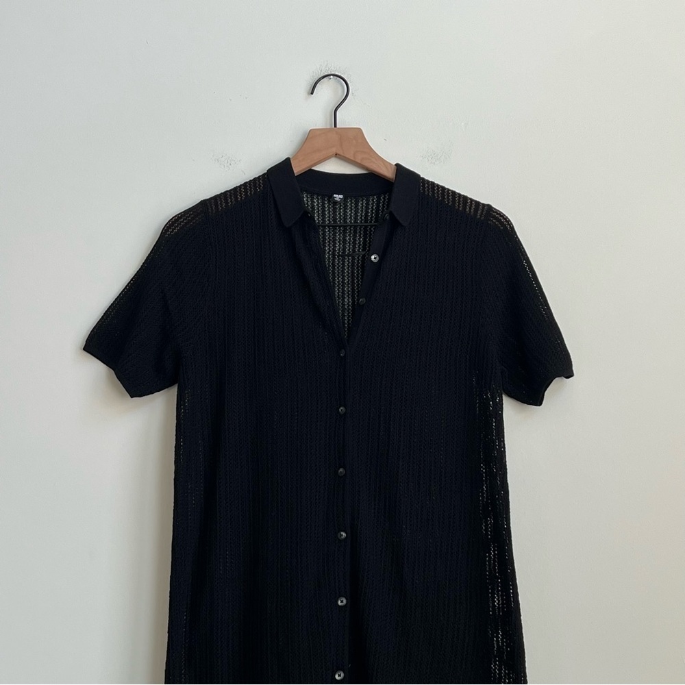 UNIQLO Lace Knit Dress Wool A-line Button Down Black  XS Open Knit midi collared - Picture 6 of 14